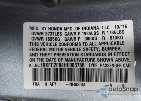 2017 Honda Civic Ex z USA, uszkodzony, nr VIN 19XFC2F84HE003786